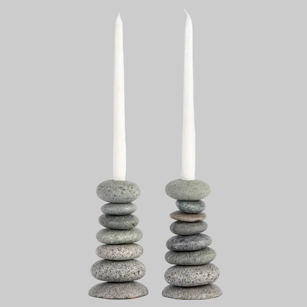 Handcrafted eco-friendly gray stone candle holder set with white candles for rustic decor