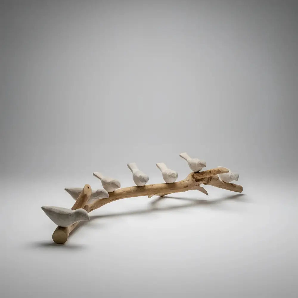 Handmade eco-friendly wooden branch with six handcrafted ceramic bird figurines for decor