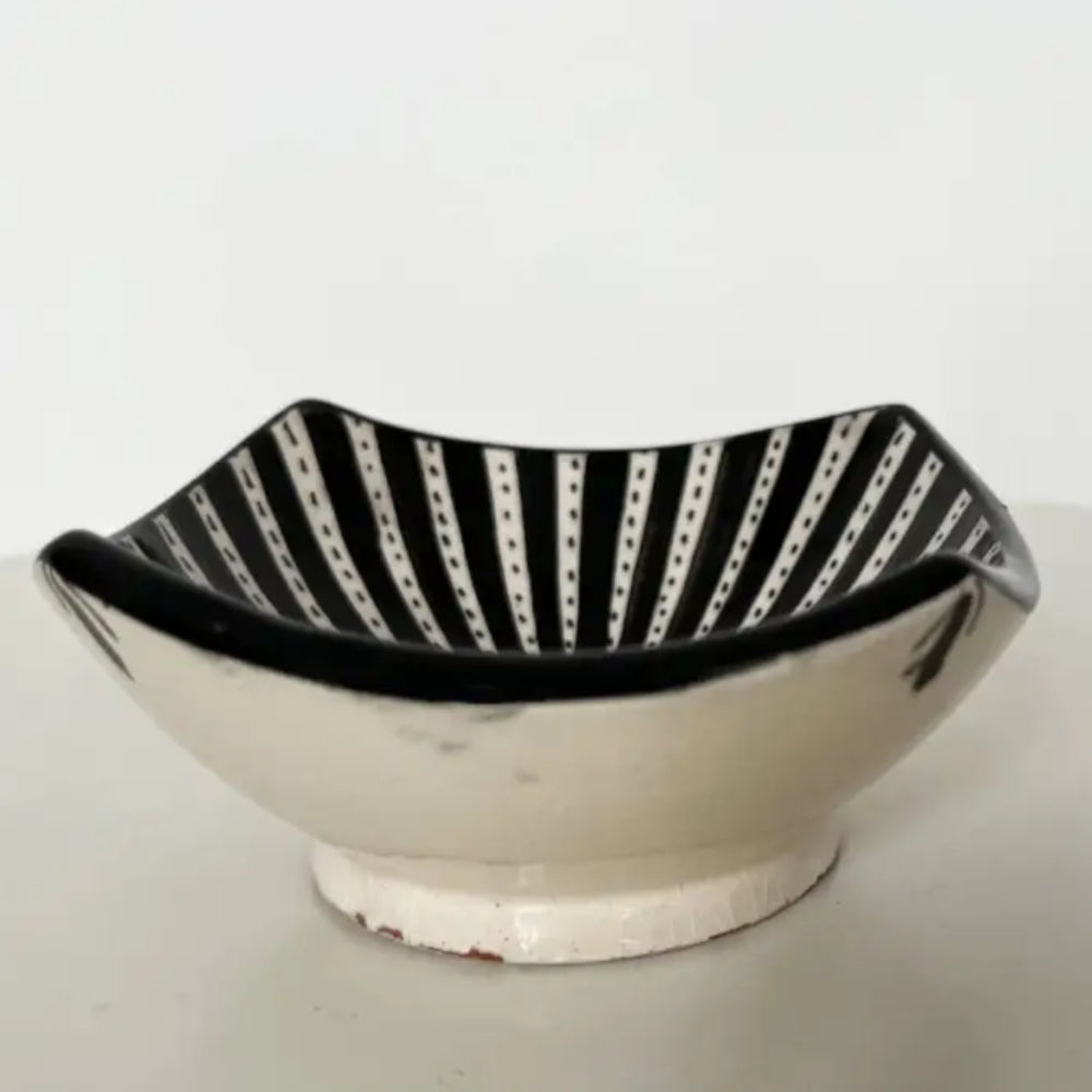 White ceramic bowl with black striped interior from Safi Morocco handcrafted ceramic bowls