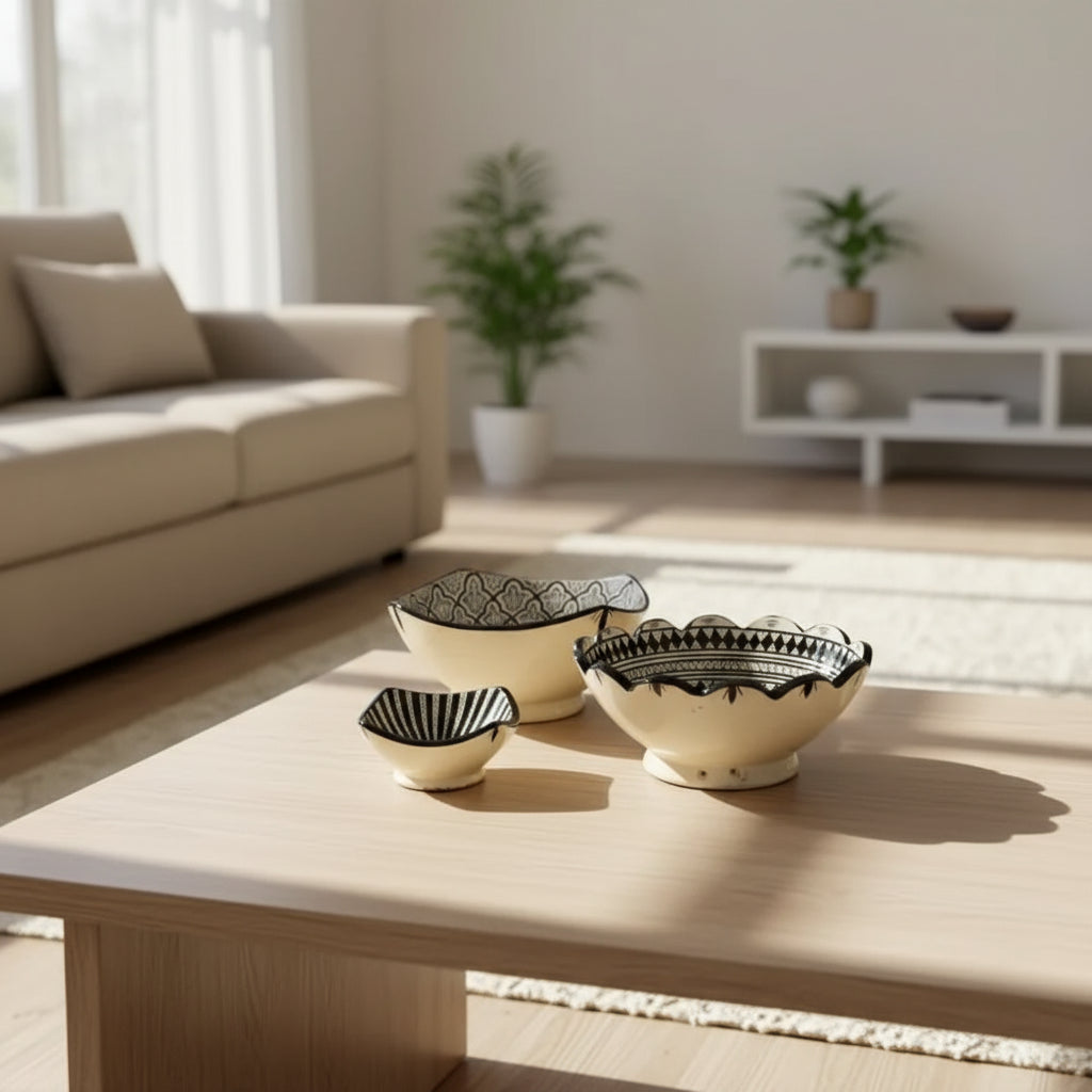Set of three handcrafted ceramic bowls from Safi Morocco with black patterns on rugged Atlantic coast