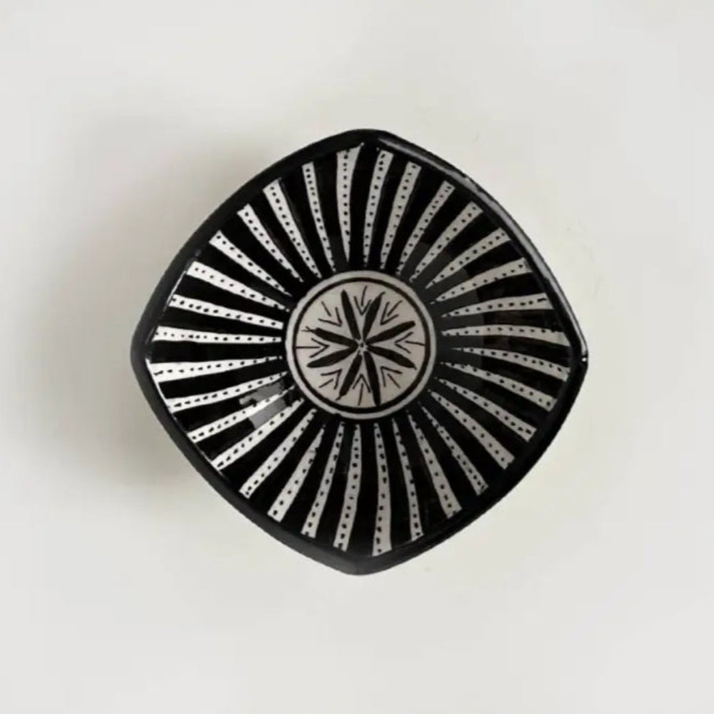 Black and white patterned square handcrafted ceramic bowl from Safi Morocco with industrial port town vibe