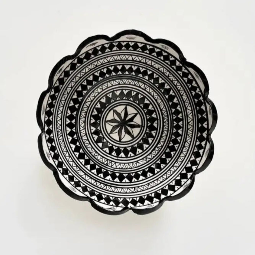 Black and white handcrafted ceramic bowl with mandala patterns from Safi Morocco