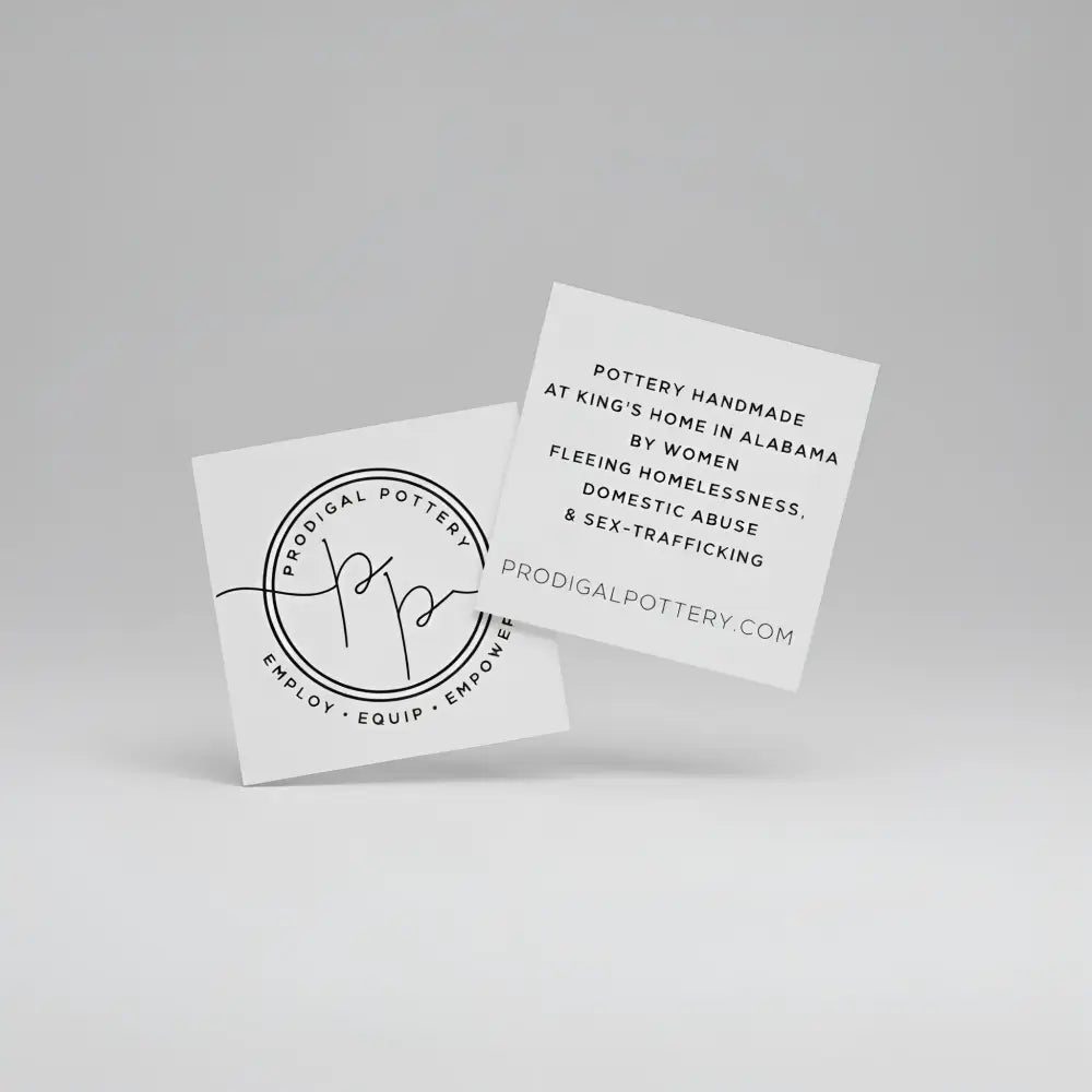 White square Prodigal Pottery cards with black minimalist typography and circular logo