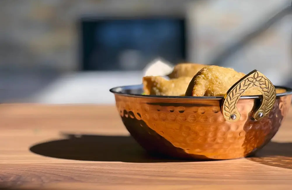 Hammered Copper Serving Bowl with Brass Handles, Double Wall Handi for fried food