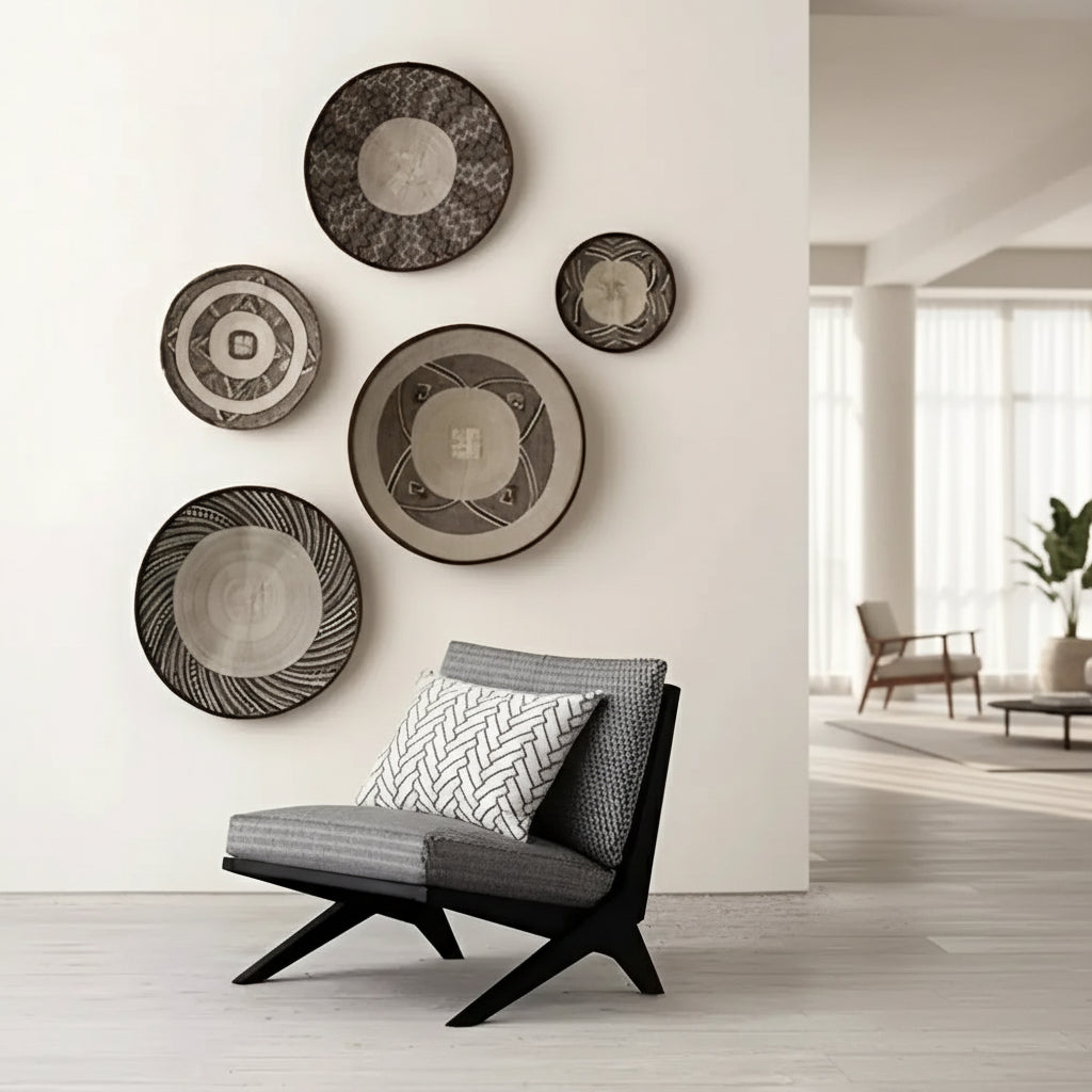 Modern low-profile armchair with patterned gray fabric and white pillow, in Binga District