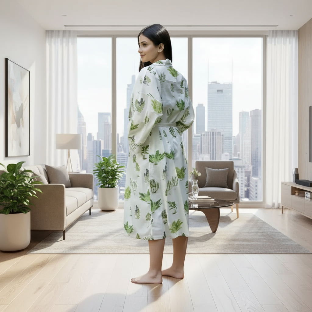Handmade eco-friendly white cotton robe with green fern print and lightweight feel