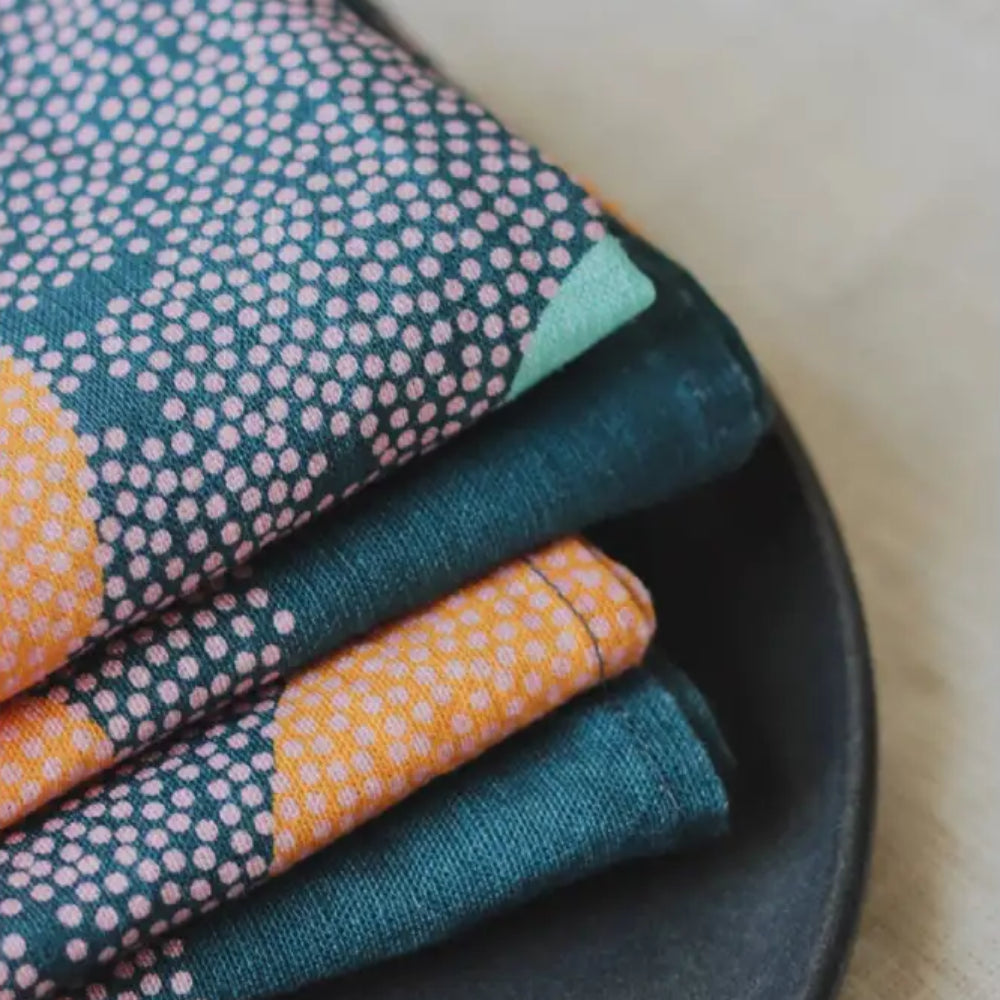 Handmade eco-friendly teal and orange polka-dot linen dinner napkins set of 4