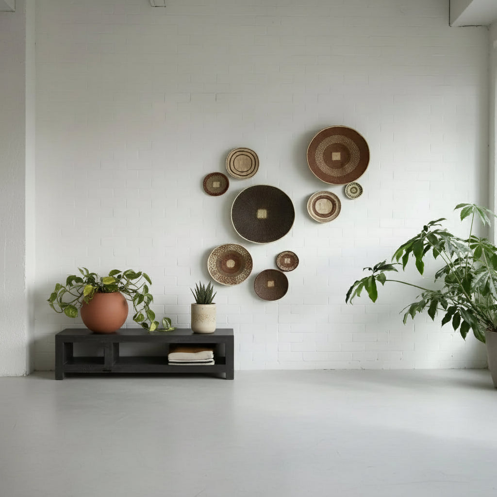 Handmade eco-friendly palm leaves basket with woven decorative plates and bowls from Zimbabwe