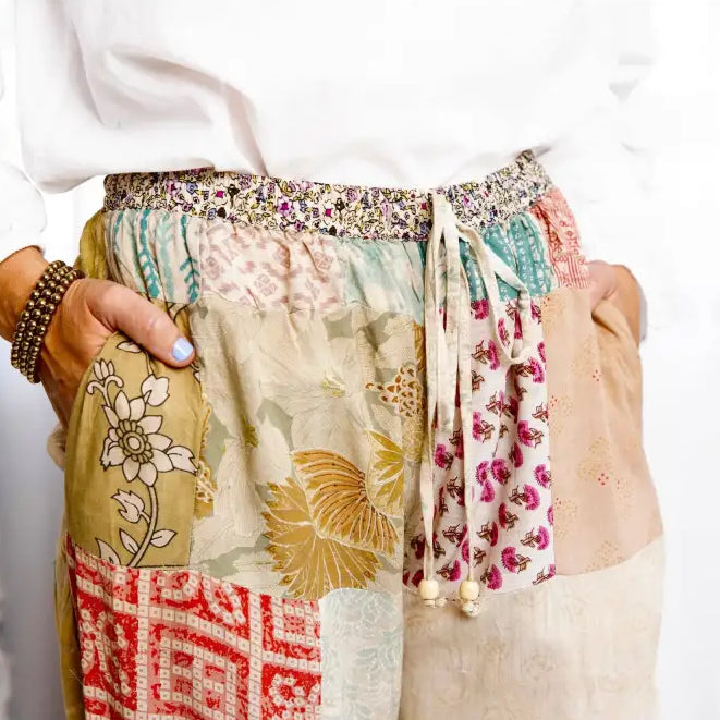 Hand-stitched lightweight eco-friendly patchwork lounge pants with boho floral patterns
