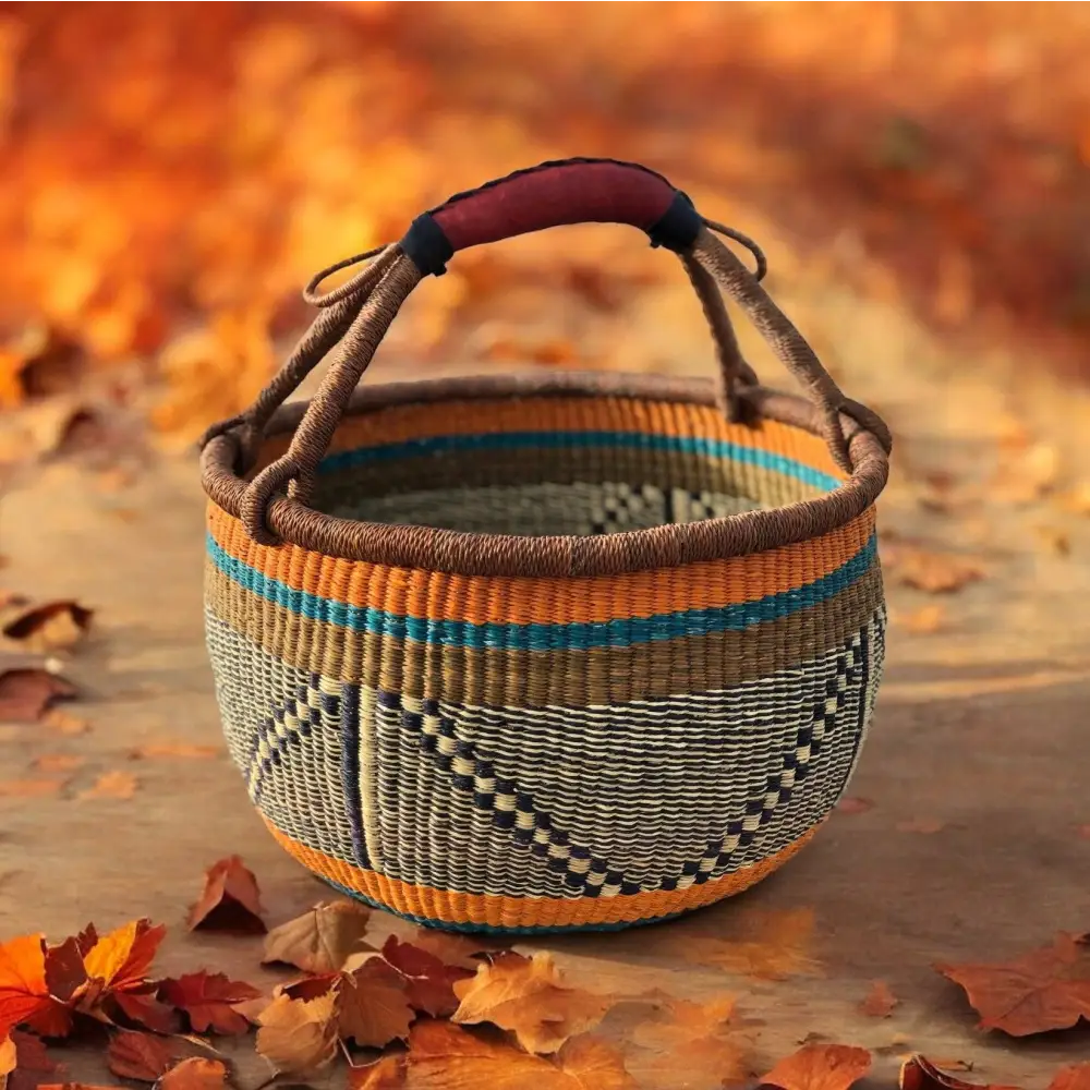 Handmade elephant grass market basket with leather handle and colorful bands eco-friendly style