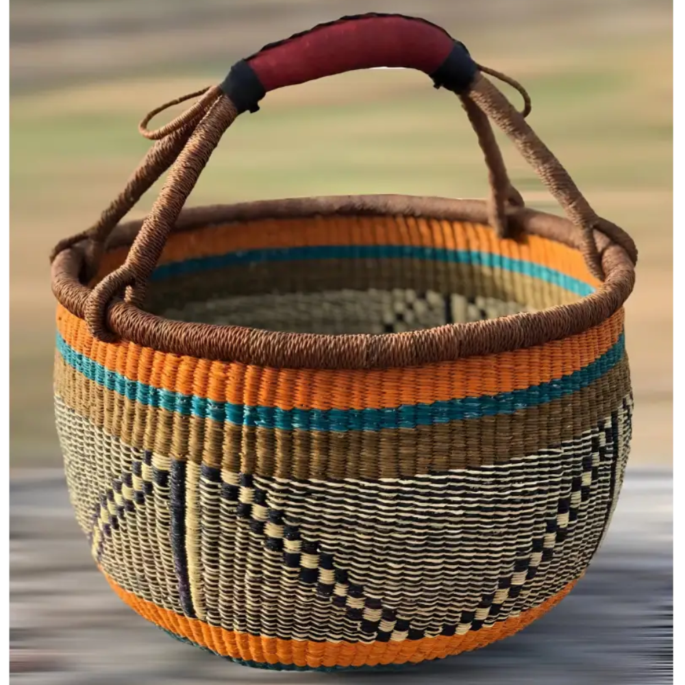 Handmade elephant grass market basket with leather handle and colorful striped design