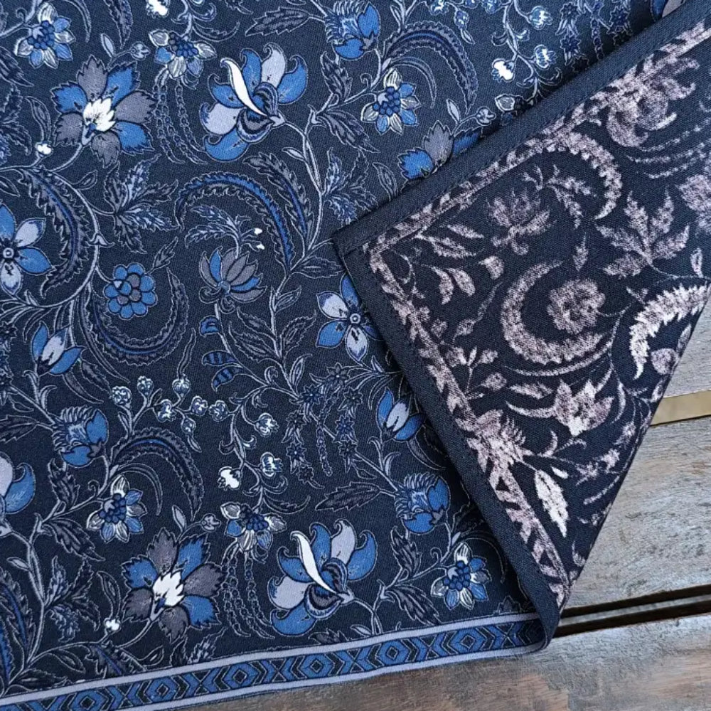 Handmade eco-friendly indigo blue cotton napkin with floral paisley pattern