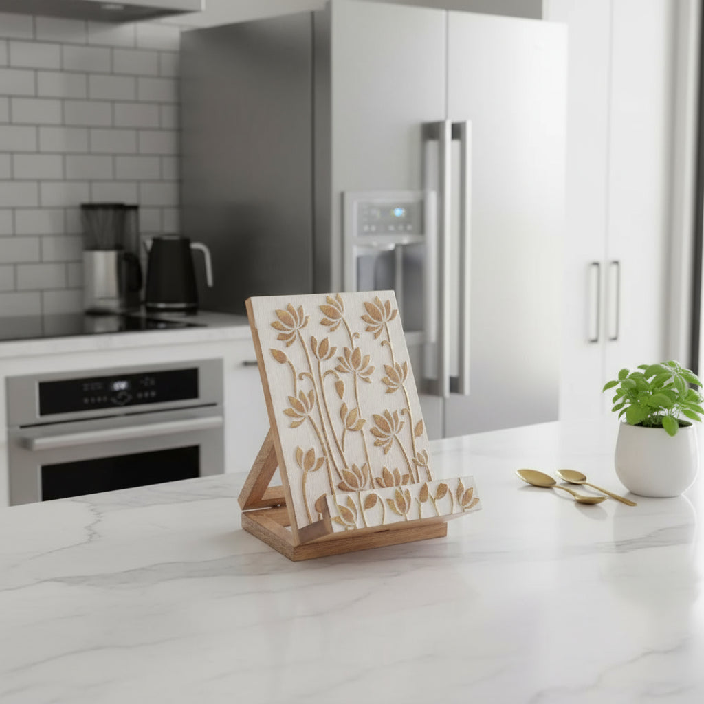 Hand-carved lotus mango wood book stand with floral pattern