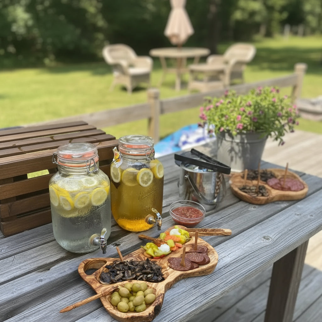 Handmade olive wood appetizer tray with four compartments for snacks and serving