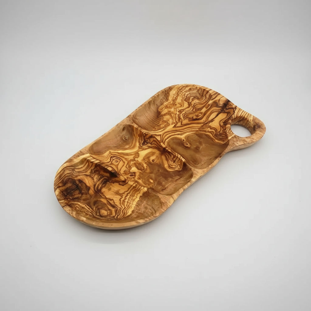 Handmade olive wood appetizer tray with three compartments and a handle for snacks