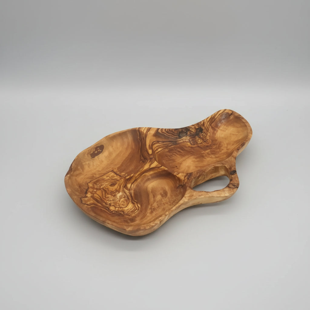 Handmade olive wood appetizer tray with two compartments and integrated handle