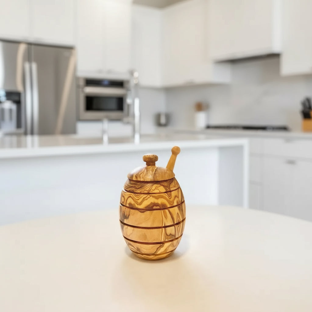 Small handmade olive wood honey jar with lid and dipper