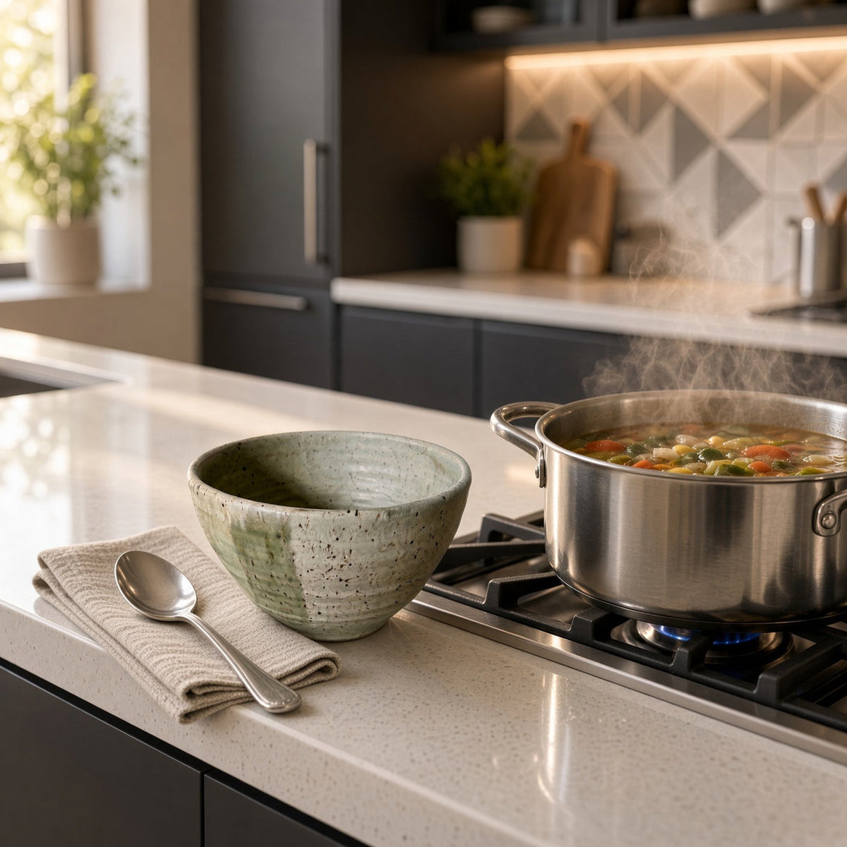 Handmade speckled brown stoneware soup bowl with matte avocado green glaze sits next to spoon and napkin on countertop