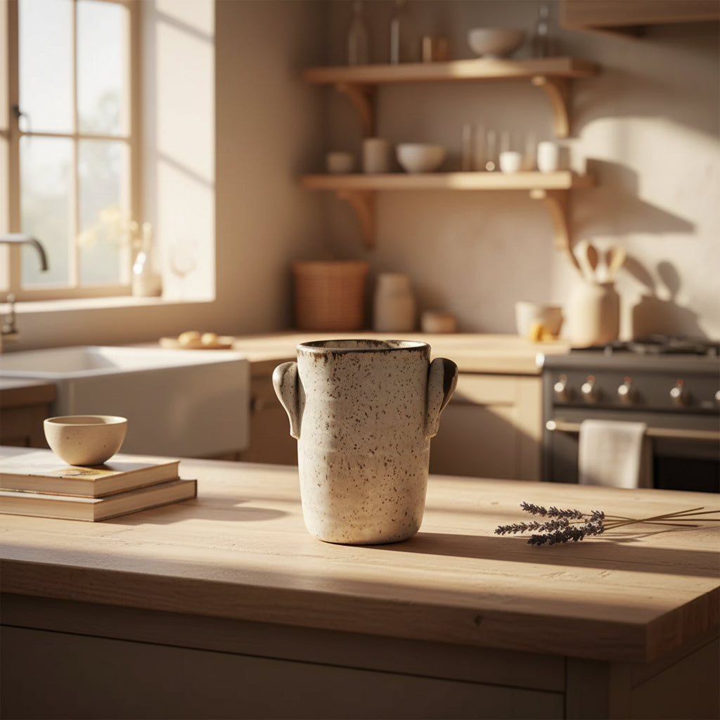 Handmade white ceramic vase with handles, 10 inches tall, speckled design