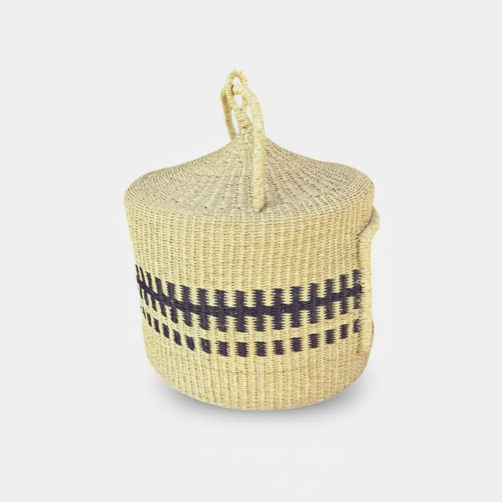 Handwoven cat bed basket with dark stripe pattern from Bolgatanga African basket