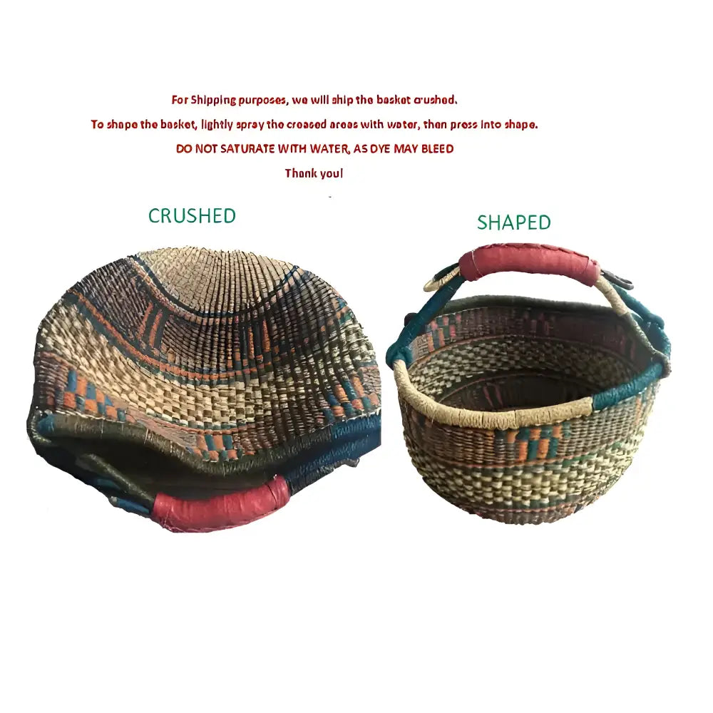 Colorful Handwoven African Market Basket from Bolgatanga with natural fibers and handles