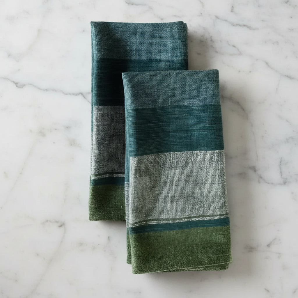 Two folded handwoven Ethiopian cotton napkins with teal, green, and gray stripes
