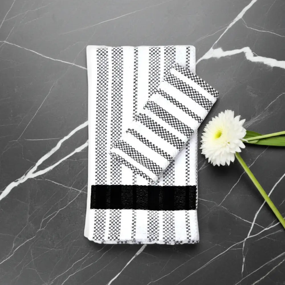Black and white striped Hache Weave Towel from Guatemala’s Western Highlands by women’s cooperative