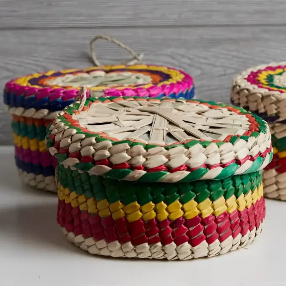 Mexican Woven Palm Tortilla Basket in multicolor on table