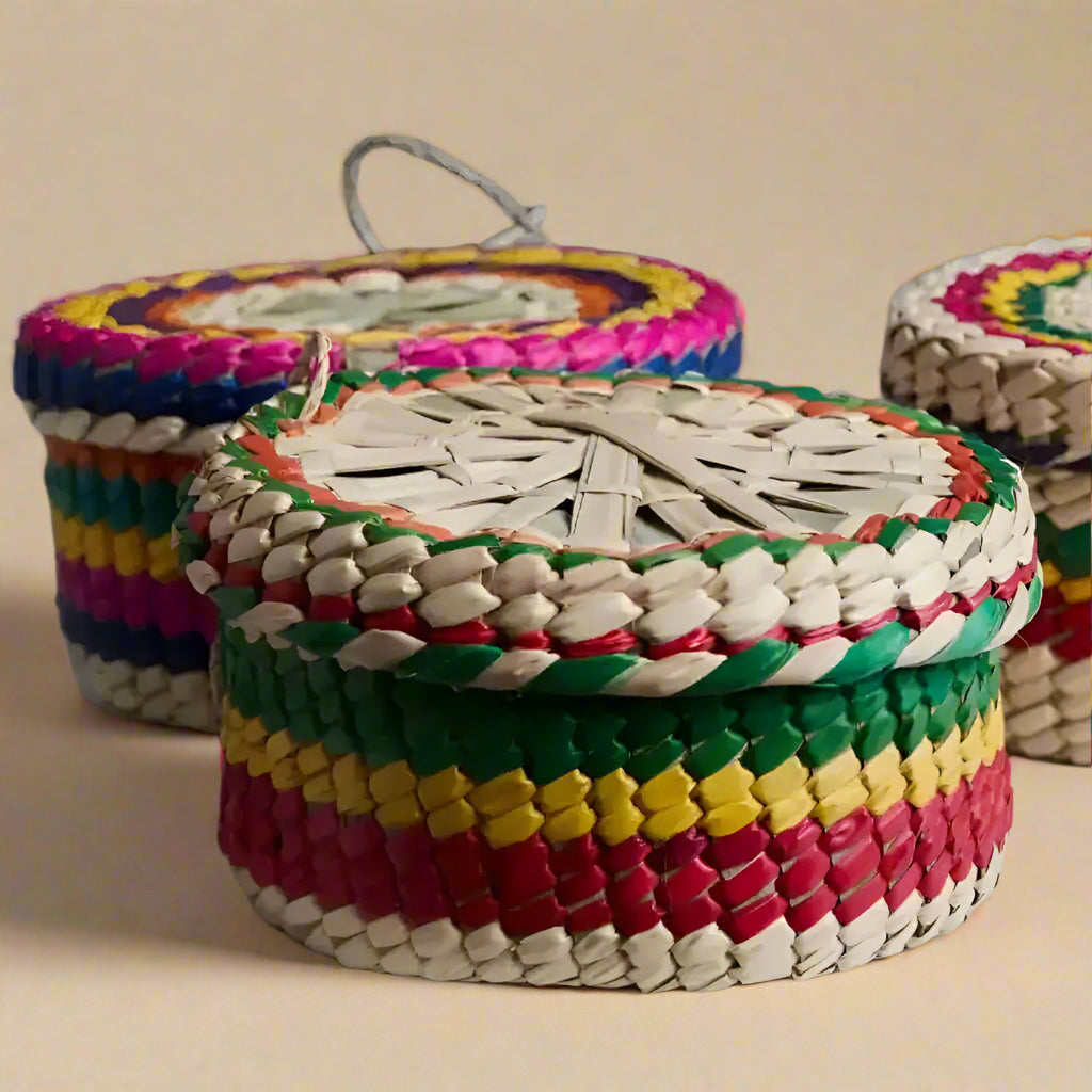 Colorful handwoven Mexican palm tortilla basket for warm homemade tortillas and taco night