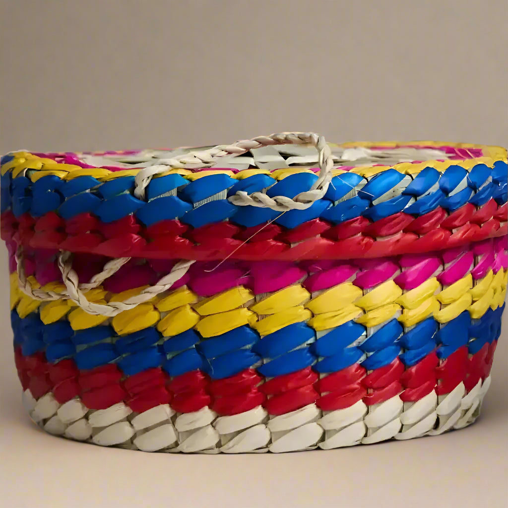 Colorful handwoven Mexican palm tortilla basket for taco night and warm homemade tortillas