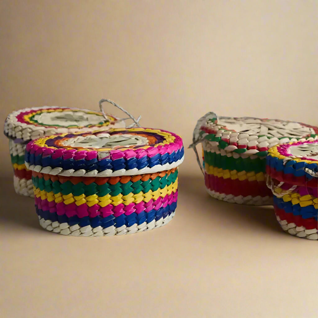 Handwoven Mexican Palm Tortilla Basket with colorful stripes for taco night and homemade tortillas warm