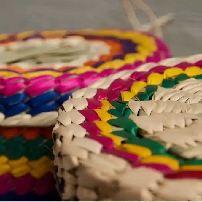 Close up of colorful woven pal basket