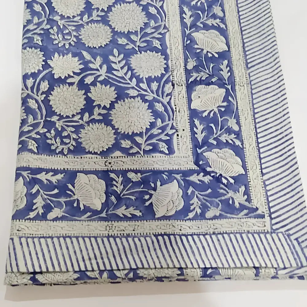 Blue and white floral cotton block print fabric for Indian block print table linens