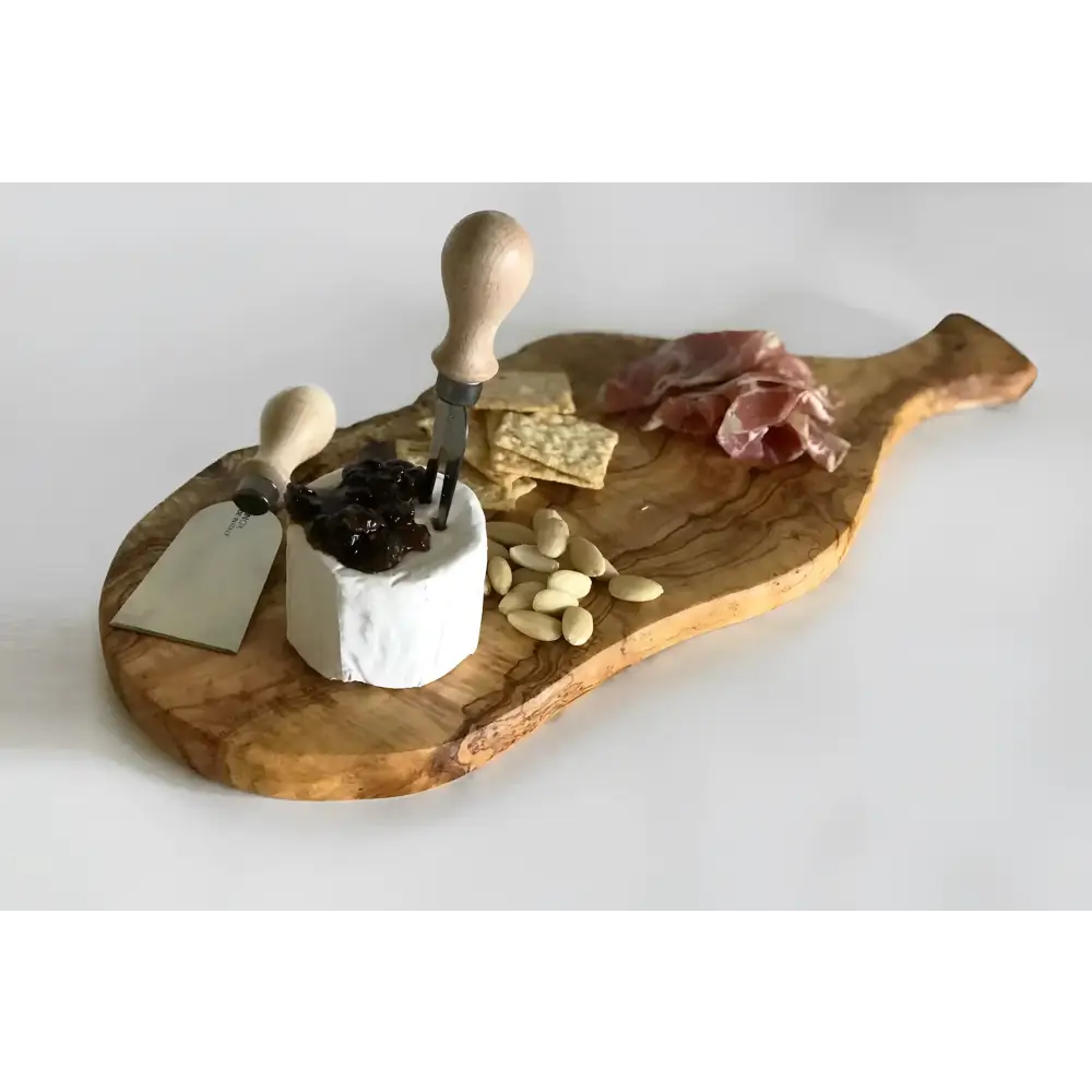 Italian Olivewood Charcuterie and Cheese Paddle Board with cheese on it on a white background
