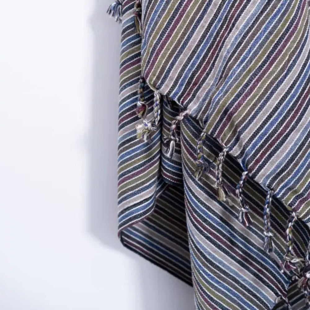 Striped Kekova Towel tote bag with tassels and metallic accents