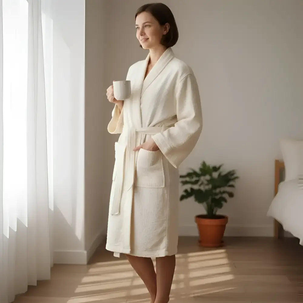 Cream-colored plush bathrobe with soft textured fabric and matching belt paired with light gray double-layered muslin bath towel with cotton nope yarn