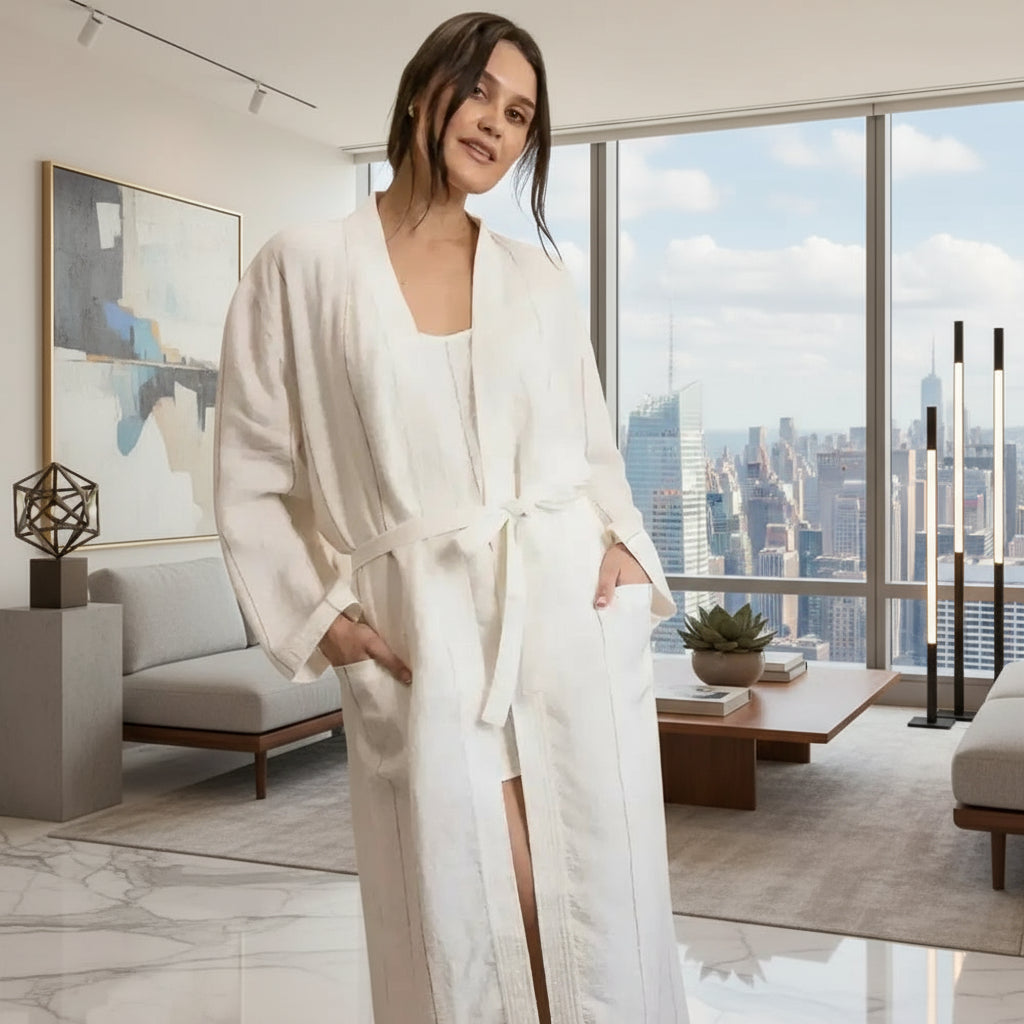 Woman in white bathrobe with pockets, everyday linen robe in fine stripes European linen
