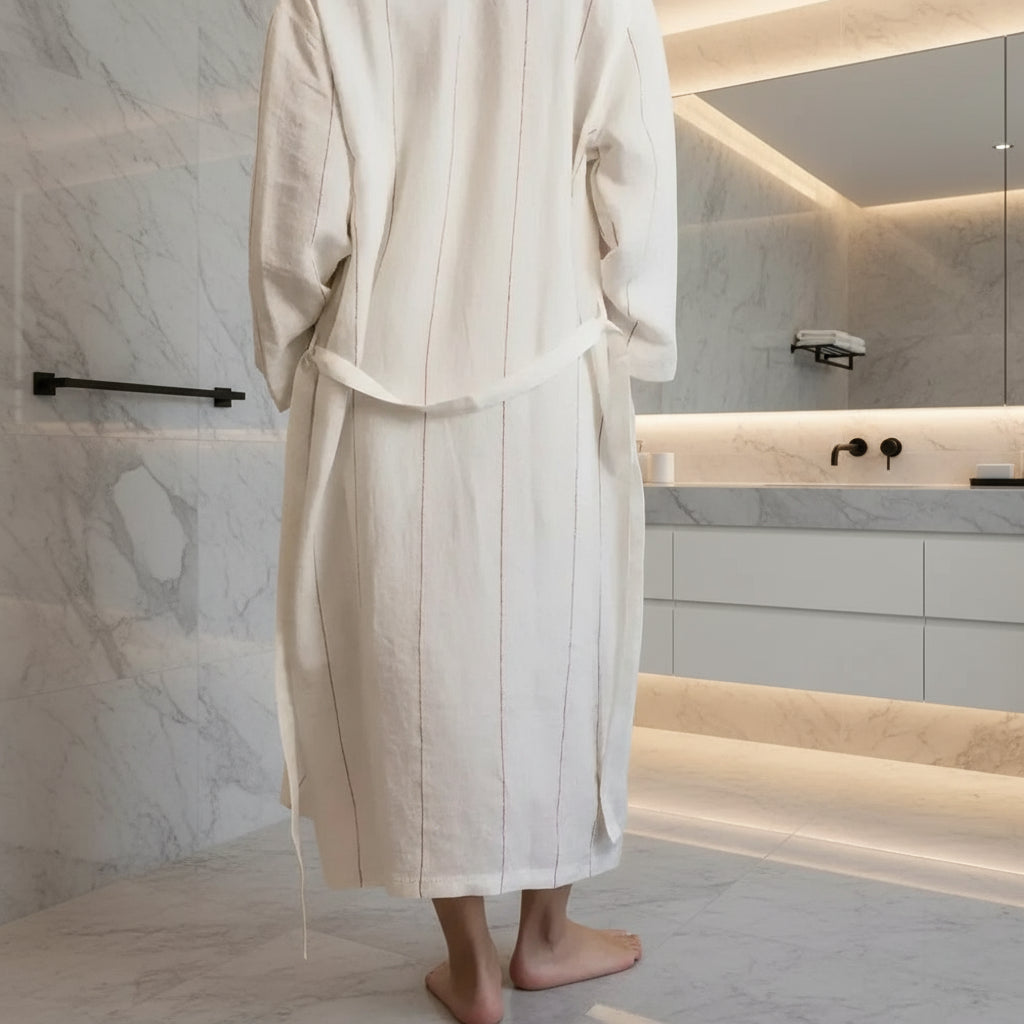 White striped everyday linen robe with fine stripes in European linen