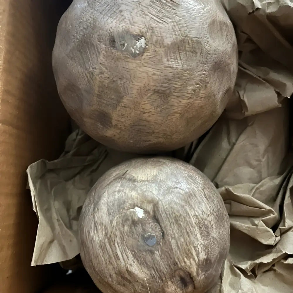Pair of mango wood carved mushroom sculptures with textured spheres