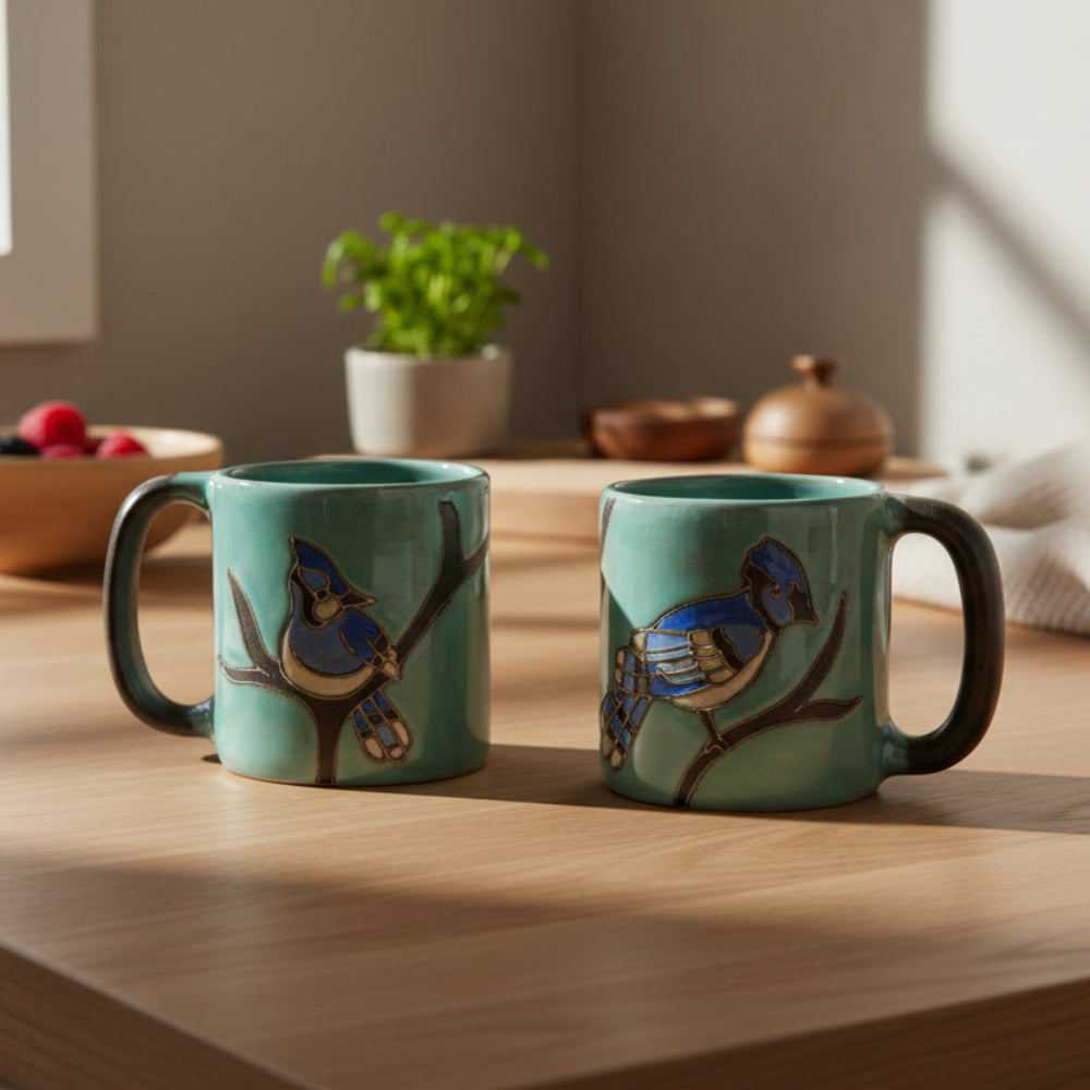 Handcrafted Mara Stoneware Blue Jay Mug with teal ceramic and black handles
