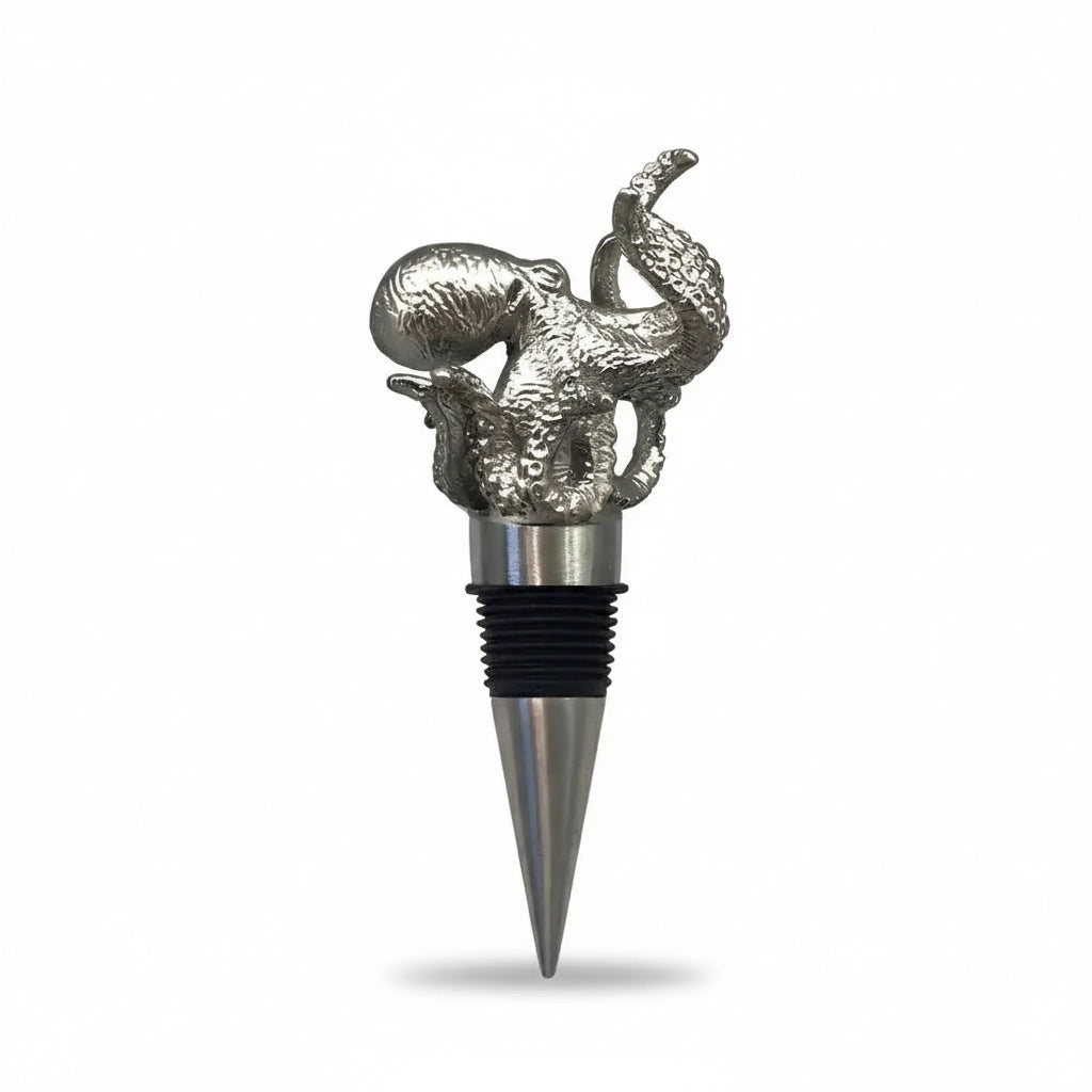 Silver Menagerie Octopus Stopper with textured metal design and black rubber base