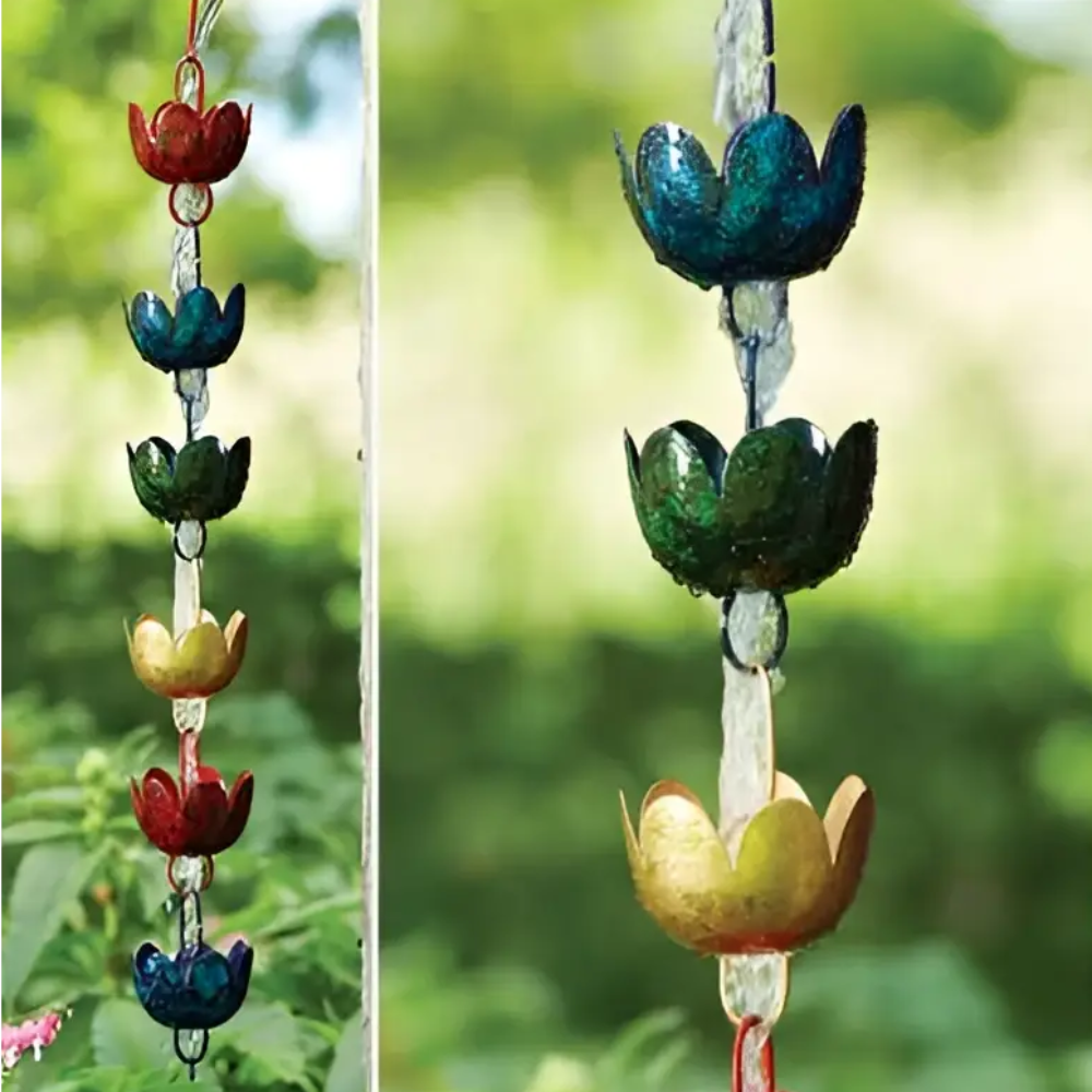 A colorful multicolor lily cup rain chain with glass-like red blue green and gold lotus-shaped petals