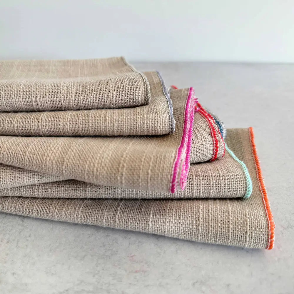 Oatmeal napkins with colorful edges, textured linen poly blend, set of 8