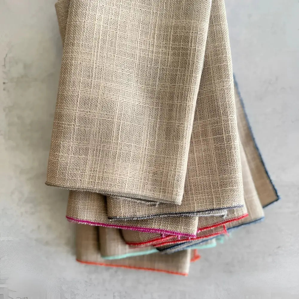 Oatmeal napkins with colorful stitched edges, set of 8, made from linen poly blend