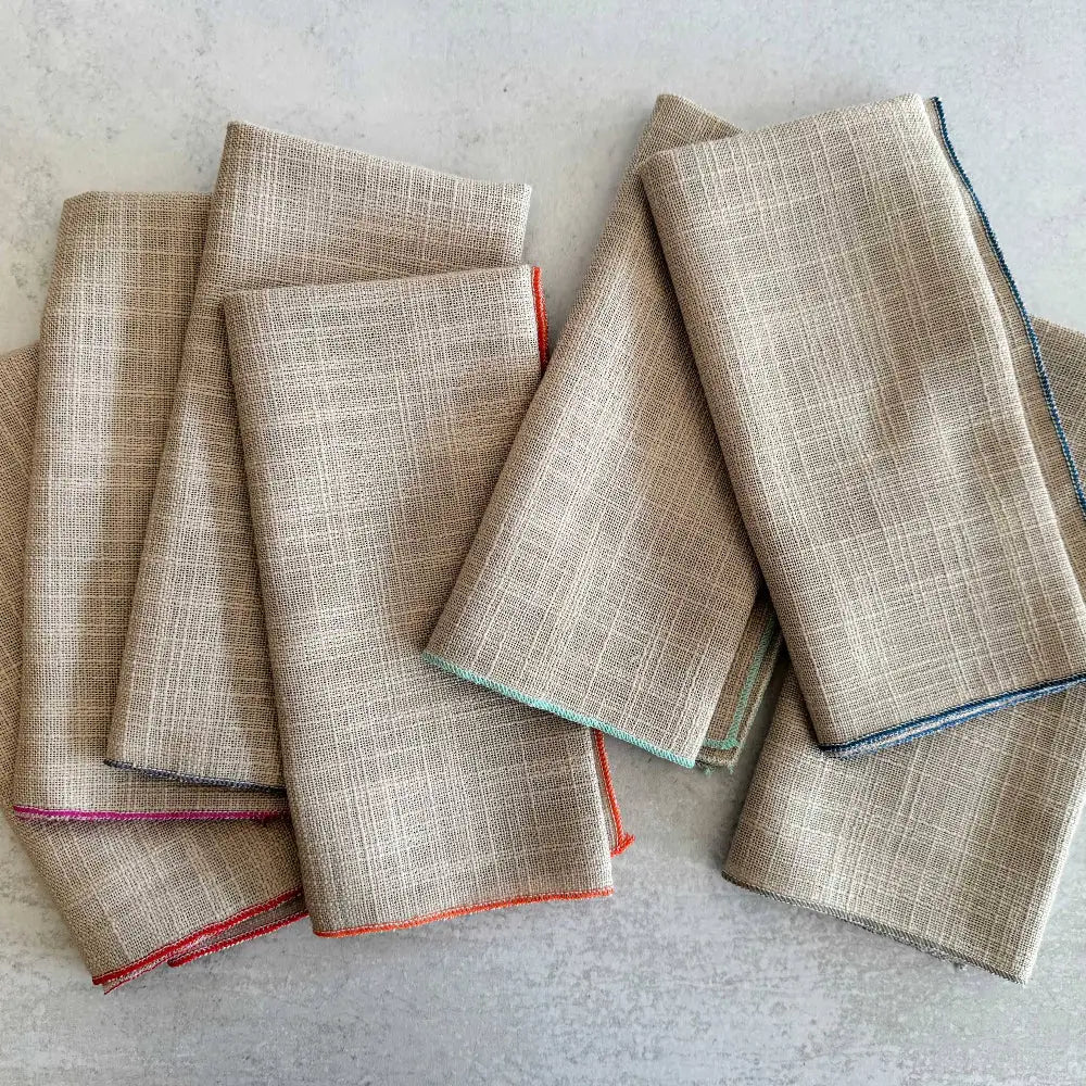 Oatmeal linen poly blend napkins with colorful stitched edges, set of 8
