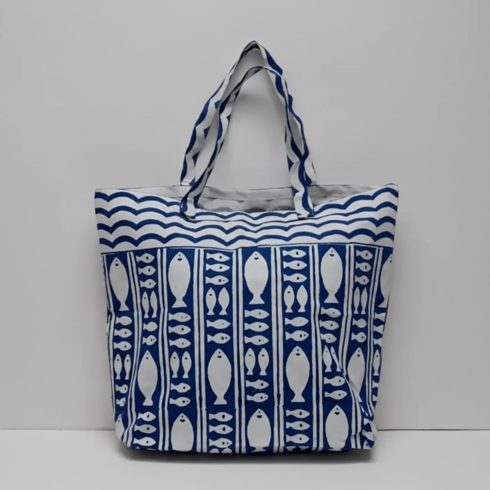 Handmade blue and white fish-patterned picnic tote bag