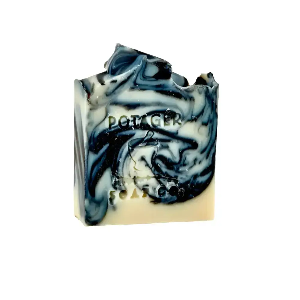 Marbled black and white soap with creamy base in Indigo patterned long sisal soap saver