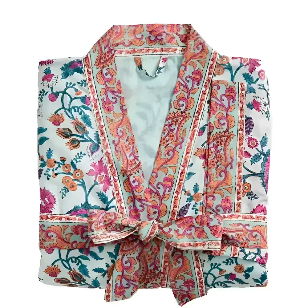 Pastel blue feathers short robe with floral pattern and tied waist, includes soap saver bag