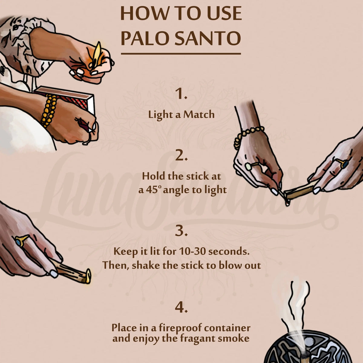 Illustrated guide on how to use Premium Peruvian Palo Santo Smudging Sticks for cleansing