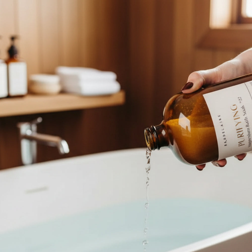 Pouring Purify magnesium chloride soak from Baudelaire bottle for warm bath